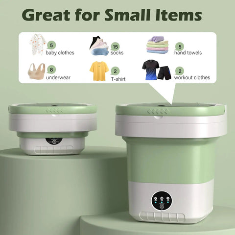 Super Smooth Foldable Mini Washing Machine With Quick Spin Basket And Totally Effortless Three Mode Laundry Routine For Tiny Apartments College Dorms Hotel Stays And Ultimate Weekend Camping Vibes, showing small item capacity.