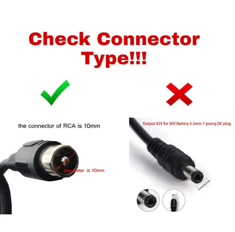 Image showing correct 10mm RCA plug for 42V 2A Lithium Ion Ebike Charger For 36V Systems and incorrect 5.5mm plug.