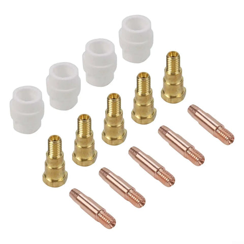 Essential MIG Welding Consumables Kit 0.8mm Tips for 24KD Torch, Rock Solid Compatibility, Includes 5 Contact Tips, 5 Tip Holders, and 4 Gas Diffusers, Red Copper Tips for Tight Fits, Smooth Arc, And Quick Replacement; MIG torch parts laid out