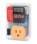Heavy Duty Automatic Voltage Protector With Over And Under Voltage Cutoff Surge Shield For Fridge And AC And Home Electronics showing 120V outlet, clear housing, wall-mountable design.