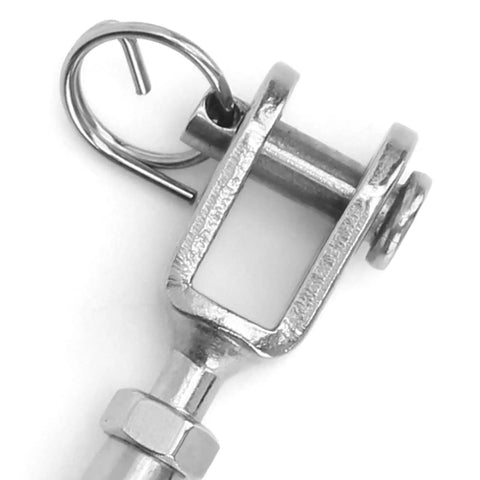 Close up of stainless steel turnbuckle hook with anti theft design and easy tension control for hammocks swings balconies DIY projects