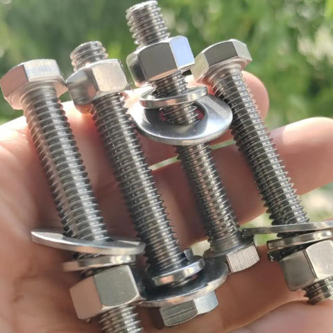 Four-Set 3/8-16 X 4 Stainless Steel Hex Head Bolts With Nuts, Flat And Lock Washers, 18-8 304 Stainless, Fully Threaded, Heavy Duty