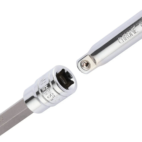 Close-up of Extra Long Hex Bit Socket Set Three Eighths Inch Drive With Chrome Vanadium Steel S2 Bits, showing chrome finish.