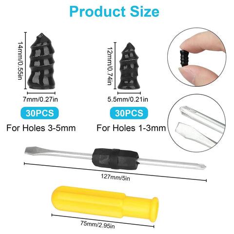 60Pcs Tire Plug Kit With Vacuum Repair Screws And Rubber Nails, sizes shown with screwdriver and rubber nails illustration.