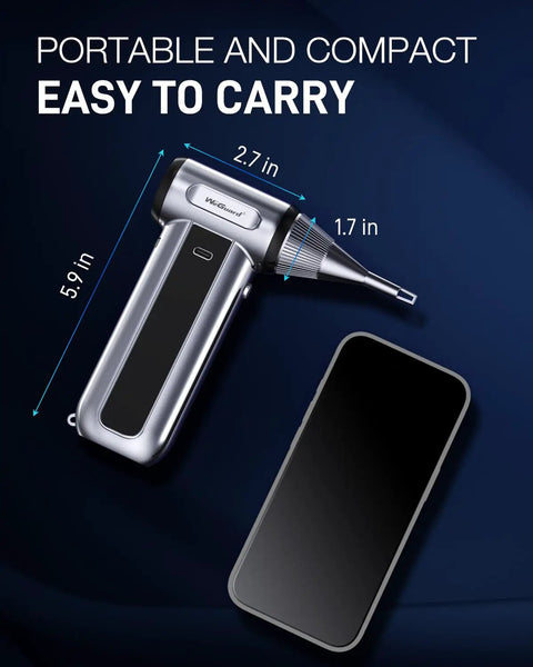 Ultra Powerful Electric Air Duster With LED Light, 180000 RPM Turbo Blower next to smartphone showing size dimensions
