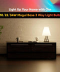 Hard To Find Mogul Base 3 Way LED Bulbs E39 PS25 120V Soft White 1320 Lumens illuminating a cozy room.