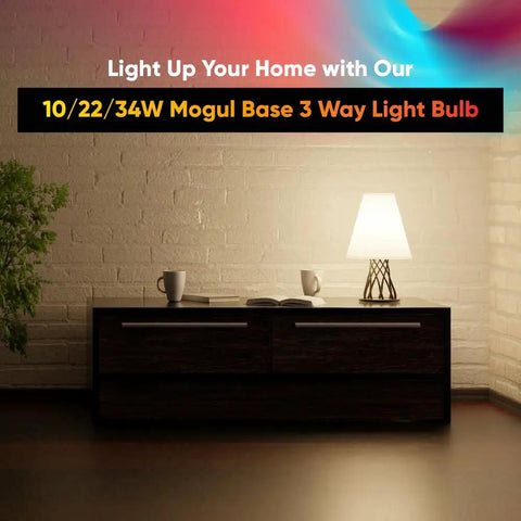 Hard To Find Mogul Base 3 Way LED Bulbs E39 PS25 120V Soft White 1320 Lumens illuminating a cozy room.