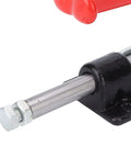 Close-up of Heavy Duty Push Pull Toggle Clamp showing red handle, metal slide, and steel base for secure grip.