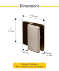 Slick Brushed Nickel Shower Door Stop With A Beveled Frameless Build Featuring Heavy Duty Brass And Rubber Buffer For Quarter To Three Eighth Inch Glass dimensions diagram.