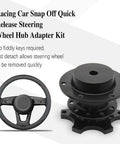 Universal Steering Wheel Quick Release Snap Off Hub Adapter Six Hole Boss Kit For Street Racing and Rally Mods, showing black adapter and wheel.