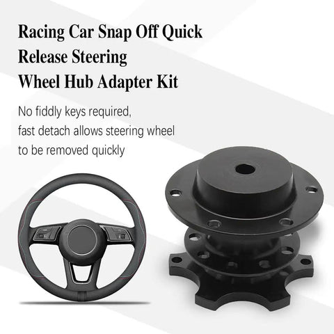 Universal Steering Wheel Quick Release Snap Off Hub Adapter Six Hole Boss Kit For Street Racing and Rally Mods, showing black adapter and wheel.