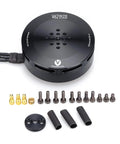 Workhorse Brushless Motor Built For Serious UAV Drones eVTOL Fixed Wing And Multirotor Quadcopters showing black motor and accessories.
