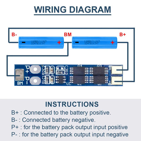 Wiring diagram for No Fuss 10 Pack 2S Lithium Battery Protection Board with battery connections and labels.