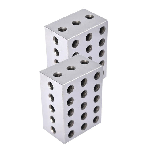 Dead Nuts Accurate Matched Pair Two Three Four Inch Machinist Setup Blocks With.0003 Tolerance, precision ground, hardened steel, two blocks with 23 holes.