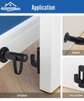 Dead Quiet Latch Hook Door Stopper With Slick Rubber Bumper And Sound Dampening Padding To Shield Walls And Keep Doors Chill Zinc Alloy Heavy Duty Black Pack, showing unhooked and hooked positions.