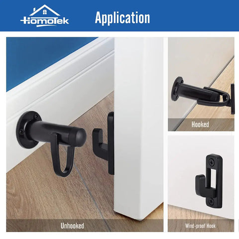 Dead Quiet Latch Hook Door Stopper With Slick Rubber Bumper And Sound Dampening Padding To Shield Walls And Keep Doors Chill Zinc Alloy Heavy Duty Black Pack, showing unhooked and hooked positions.