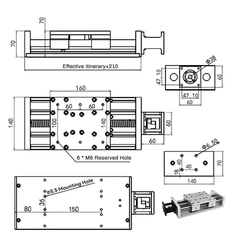 Technical drawing of Heavy Duty Ball Screw Slide Table Built Like A Tank With Aluminum IP65 Housing, showcasing dimensions and details.