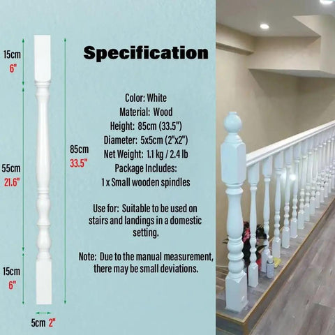 Rock Solid White Wooden Baluster Posts For Staircase Deck And Porch, No Sweat Poplar Wood Spindle Assembly, Sweet Finished Interior Railing Guard, Built Tough Home Fix Essential, 33 Inch Tall, detailed specifications and dimensions.