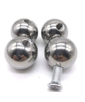 Four polished stainless steel ball ends with M6 threaded studs for piercing jewelry, front view