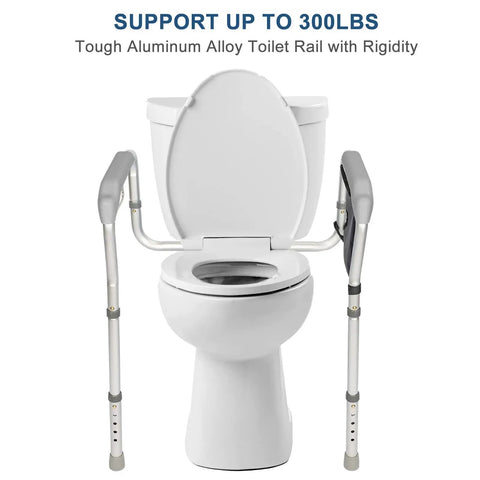 Adjustable Toilet Safety Rails With Grab Bar And Storage Bag For Seniors And Disabled Easy Push Button Height And Width Adjustment