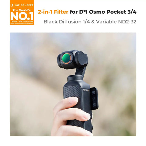 Hand holding DJI Osmo Pocket with Magnetic Variable ND Filter And Black Diffusion For DJI Osmo Pocket Four Thirds attached.
