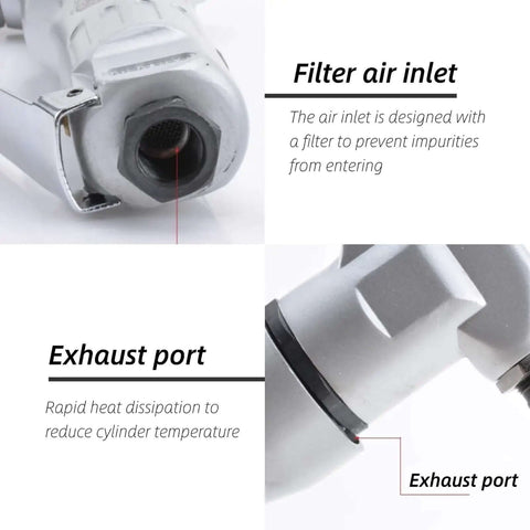 Close-up of filter air inlet and exhaust port on Beefy Pneumatic Sheet Metal Cutter Handheld Air Nibbler With Hardened Blade And Alloy Case 2800 RPM