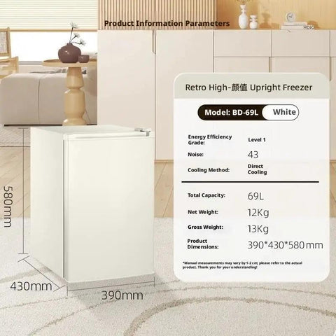 Top Shelf Single Door Upright Freezer With Nifty Adjustable Shelves For Bulk Groceries And Frozen Meals in white, 69L capacity, compact design.