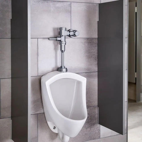 Public restroom with Ultima Manual Urinal Flush Valve Piston Type 0.125 GPF Polished Chrome Three Quarter Inch Spud installed