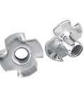 M6 Four Prong Tee Nuts for Woodworking, Heavy Duty Zinc Plated Carbon Steel Captive Nuts with Four Prongs, close-up view