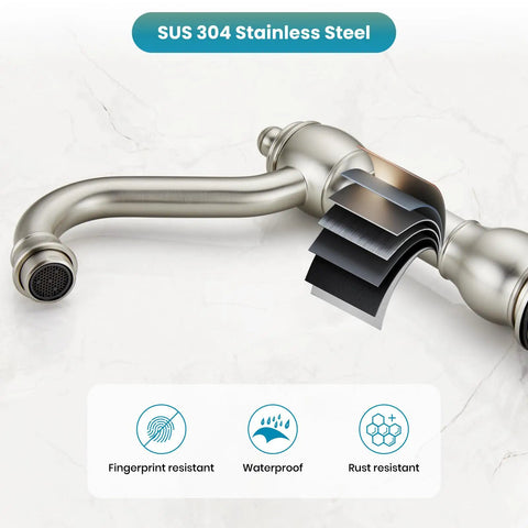 Widespread 8 Inch Bathroom Faucet For Sink With 3 Holes, showing layers of brushed nickel coating on copper body