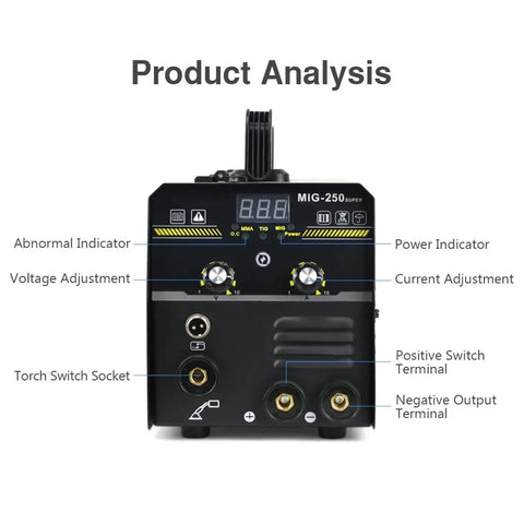 Front panel of Powerful 250A MIG MMA TIG Gasless Welder 3 In 1 220V Welding Machine With Intelligent Adjustment IGBT Inverter.