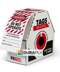 All Weather Lockout Tags On A Roll Built Tough As Nails For Rough Job Sites in roll dispenser box with clear danger labels.