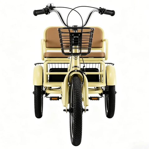 Front view of a Three Wheel Kids Bicycle For Ages Three To Ten, Tandem Trike With Passenger Seat, Dual Brakes, Adjustable Handlebar And Saddle.