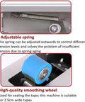 Close-up of adjustable spring and blue smoothing wheel on Cool Manual Automatic Carton Sealer With Smooth Wheel And Adjustable Clip For Household Textile Retail Packaging Makes Sealing Boxes A Breeze.
