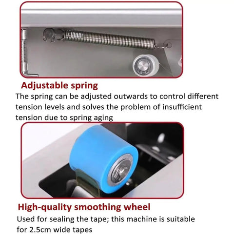 Close-up of adjustable spring and blue smoothing wheel on Cool Manual Automatic Carton Sealer With Smooth Wheel And Adjustable Clip For Household Textile Retail Packaging Makes Sealing Boxes A Breeze.