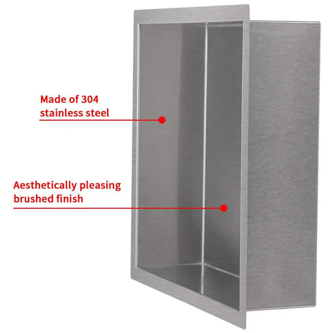 Recessed Shower Niche Organizer In Brushed Nickel Stainless Steel, 12 By 12 In, Rustproof 304 Steel, Seamless Weld, Leakproof, Waterproof Shower Caddy Shelf, Fits 11 By 11 Wall Hole displayed at an angle.