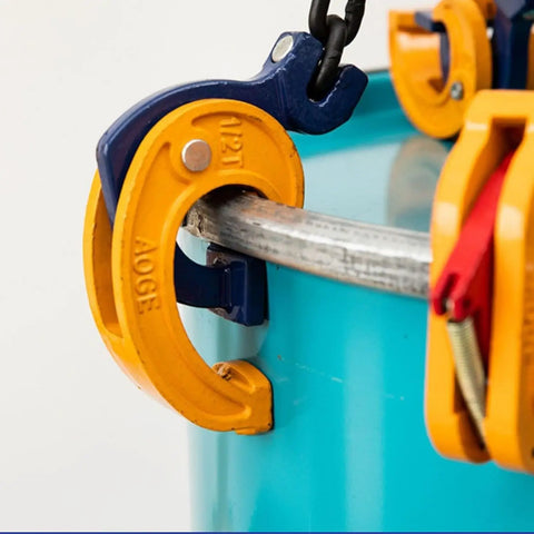 Heavy Duty Chain Drum Lifter With Rock Solid Grab Hooks For Forklifts And Self Locking 2 Ton Sling for 55 Gal barrel with hook detail.