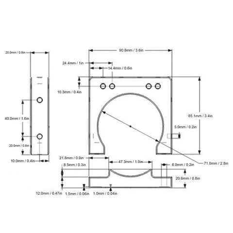 Technical drawing of Premium Cast Aluminum Spindle Motor Mount Bracket Clamp Fits 71mm CNC Spindle Fixture dimensions.