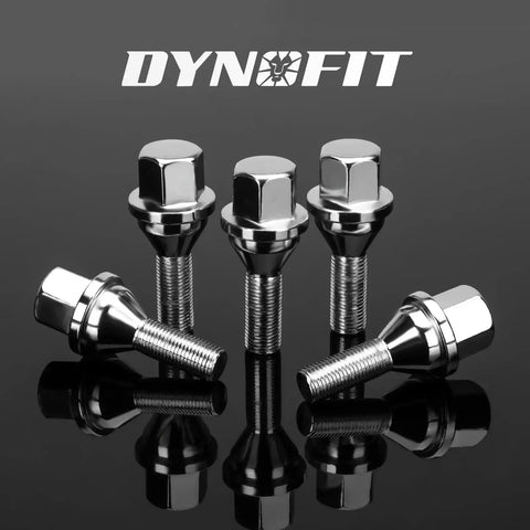 Top Shelf 20 Pcs Slick Chrome Lug Bolts For Jeep And Dodge Wheel Setup Compatible With Renegade Compass Cherokee Aluminum Rims 12X1.25 Thread 19Mm Hex Socket Upgrade set of five chrome lug bolts on a reflective surface.