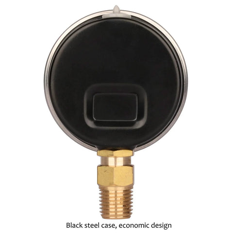 2-inch glycerin-filled plumbing pressure gauge, black steel case, 0-100 psi, 1/4 NPT lower mount.