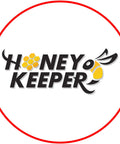 Logo of Honey Keeper beekeeping brand featuring bee illustration and hexagonal honeycomb design within a red circle.