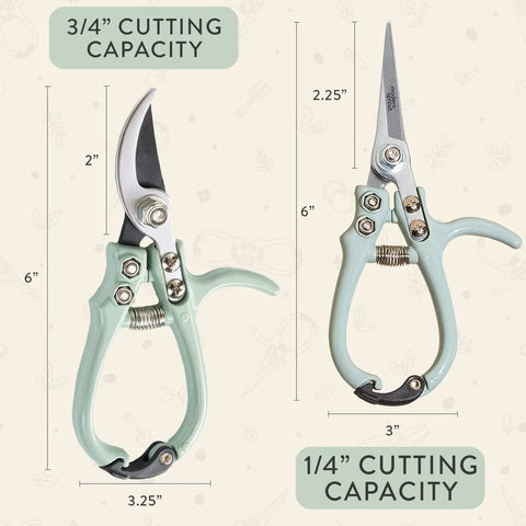 Hand Pruners And Shears Set In Sage With Blister Pack Lightweight Garden Gear Easy Lock Sharp Carbon Steel Blades Rust Resistant For Herbs And Flowers Pruning Kit Pro Grade, showing pruner and shear dimensions and cutting capacity.