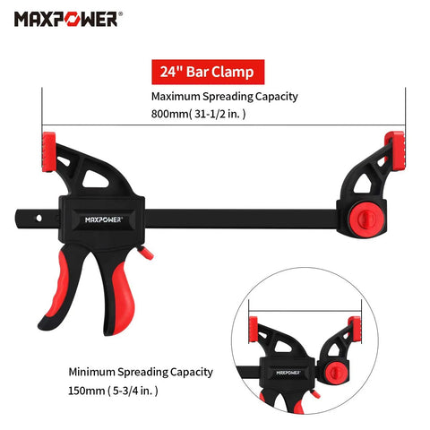 Close-up of 24 Inch Bar Clamp And 31 Inch Spreader Set For Woodworking Quick Release Clamps Pack Of 4 with reversible jaw and soft pads.