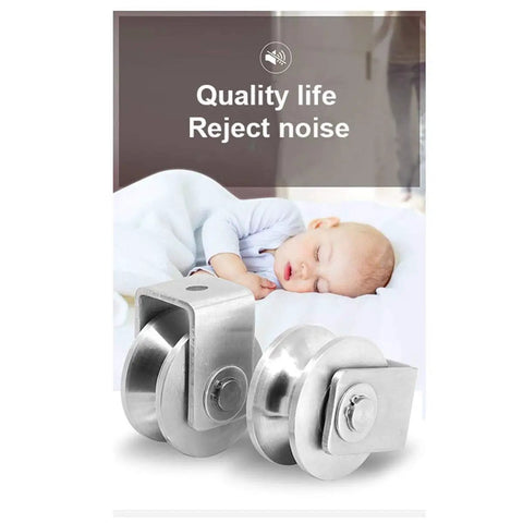 Stainless Steel U Type Groove Sliding Wheel Roller Track Rail Fixed Pulley With Bearing Heavy Duty Long Style Silver Tone For Industrial Doors Machinery And Sliding Systems, silver pulley close-up