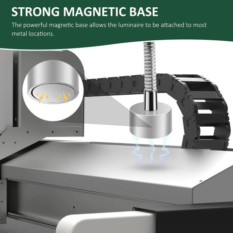 LED Work Light With Flexible Gooseneck And Magnetic Base For Workbench And Tools demonstrating strong magnetic attachment on metal surface