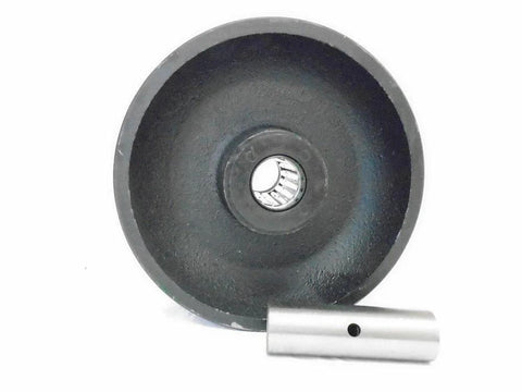 Rigid caster wheel, front view, 5x2 in, black iron/steel with 7/8 in V-groove bearing bore