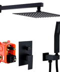 Matte Black Shower Faucet Set With 10 Inch Rainfall Shower Head, Wall Mounted Fixtures With Valve And Trim Kit, Ultra Thin Adjustable Rain Shower Head With Air Injection For Consistent High Pressure Even When The Water Is Low, Super Easy Install, showing assembled components