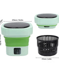 Laundry Day No Sweat With This 6L Folding Portable Washing Machine in green and white, showcasing size and features.