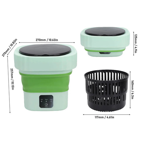 Laundry Day No Sweat With This 6L Folding Portable Washing Machine in green and white, showcasing size and features.