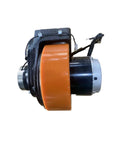 ApolloLift Driving Wheel With Motor Assembly For Electric Pallet Jack, heavy duty, orange wheel with motor, side view.